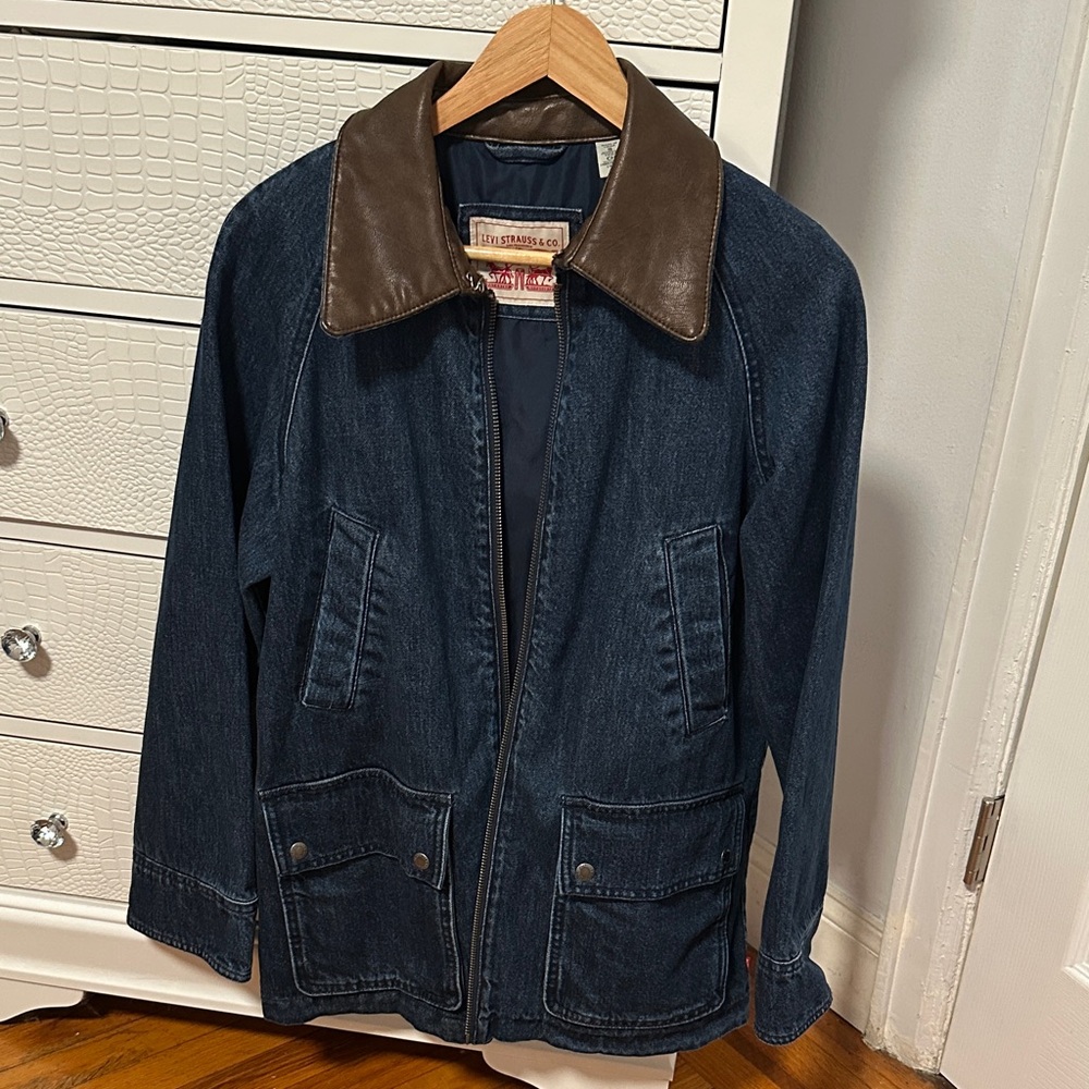Levi's Dark Blue Denim Jacket with Brown Leather Collar